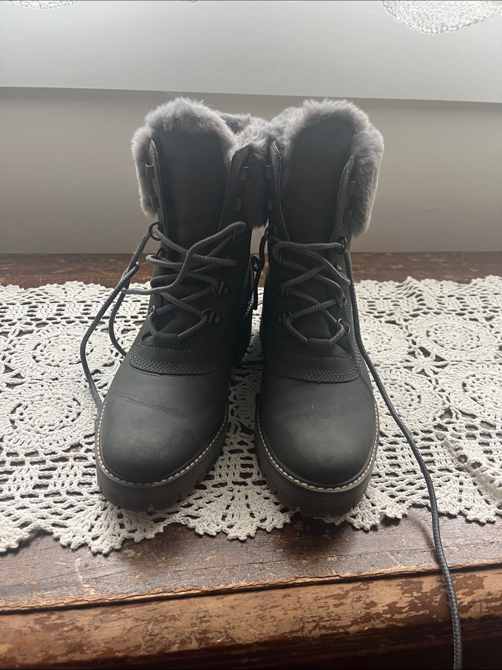 Timberland Gray Faux-Fur Lace-Up Winter Boots